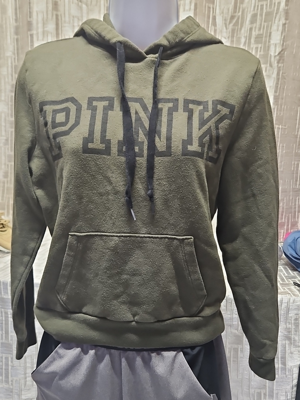 PINK Victoria's Secret Women's Olive Green Hooded Sweatshirt